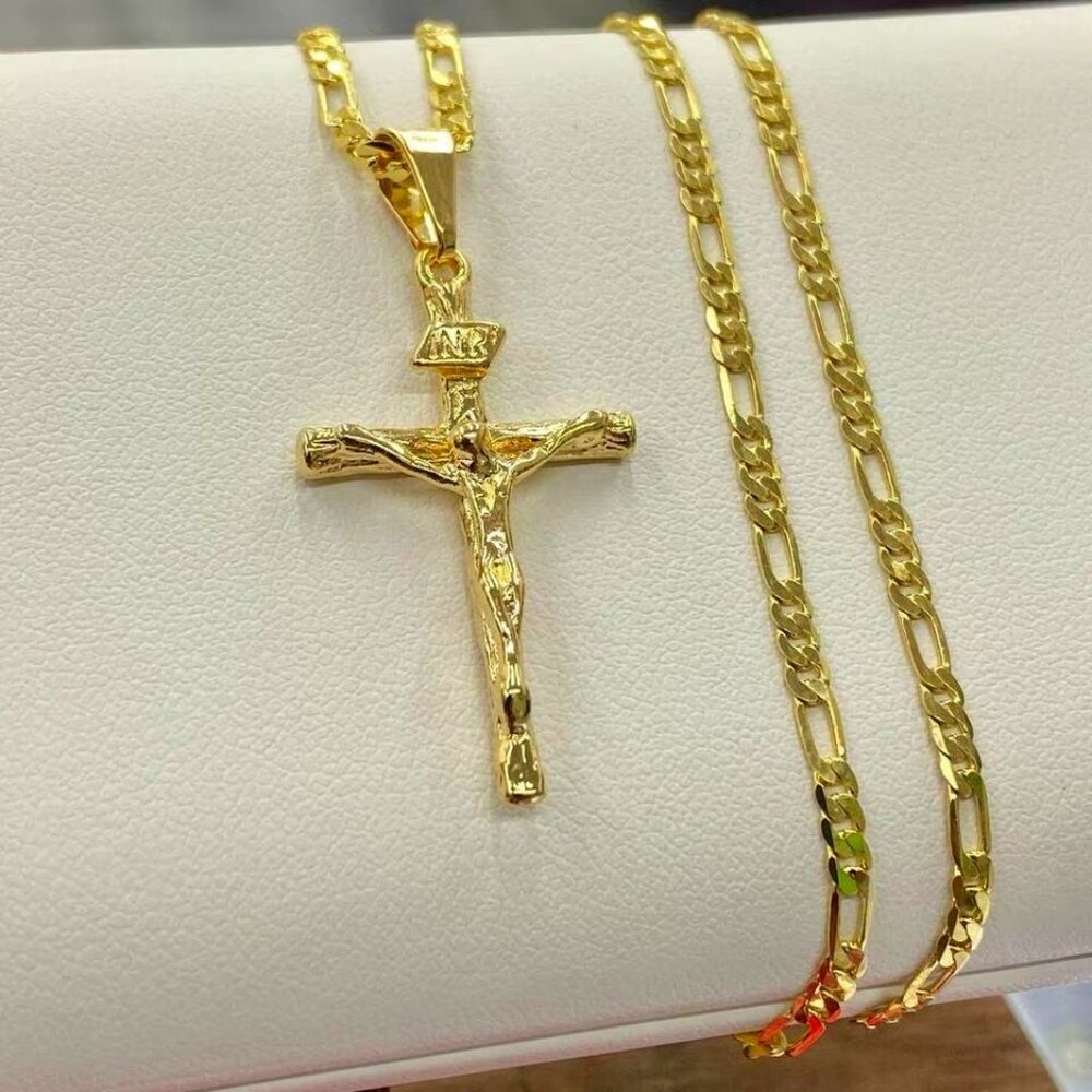 Rustic Cross Pendant 14K Necklace GF Figaro Chain 24" Gifts Religious Jewelry